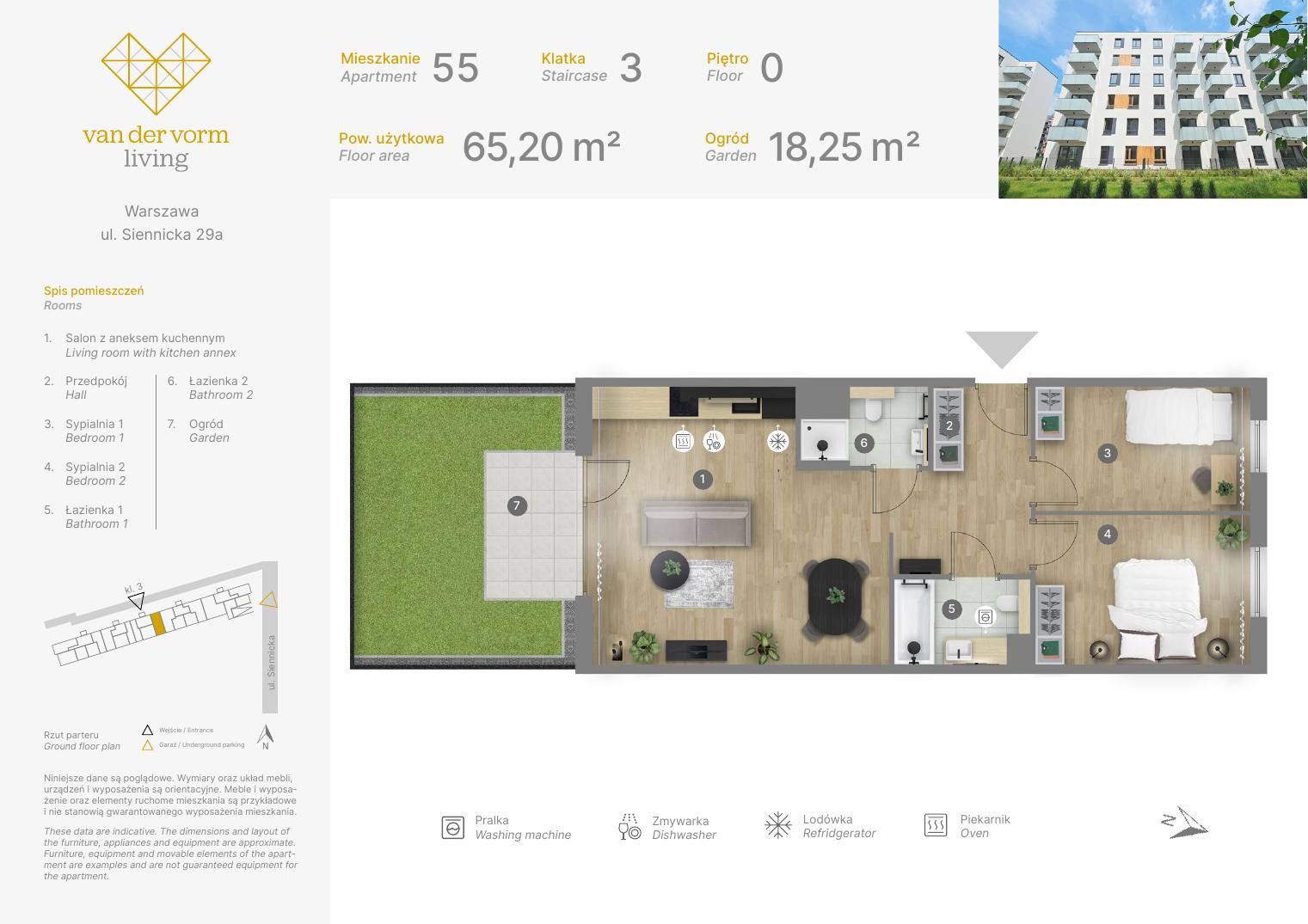 Rzut mieszkania — Mieszkanie nr 55 — 2 sypialnie, 65,20 m²
