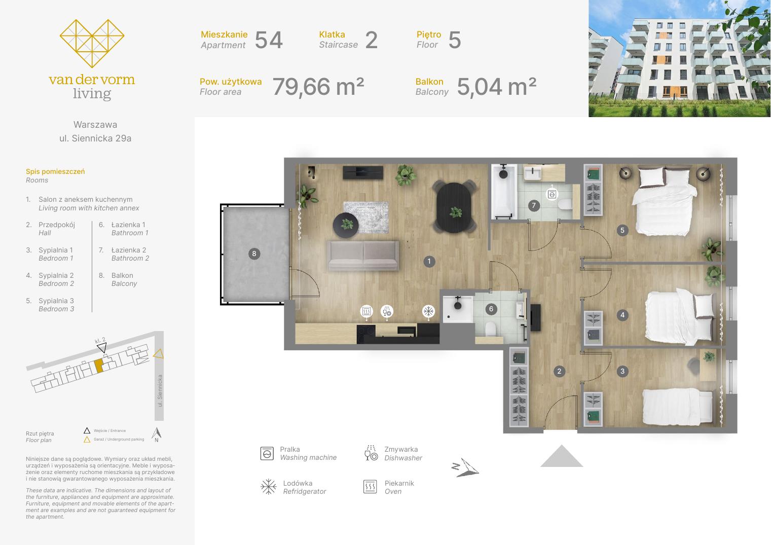 Rzut mieszkania — Mieszkanie nr 54 — 3 sypialnie, 79,66 m²