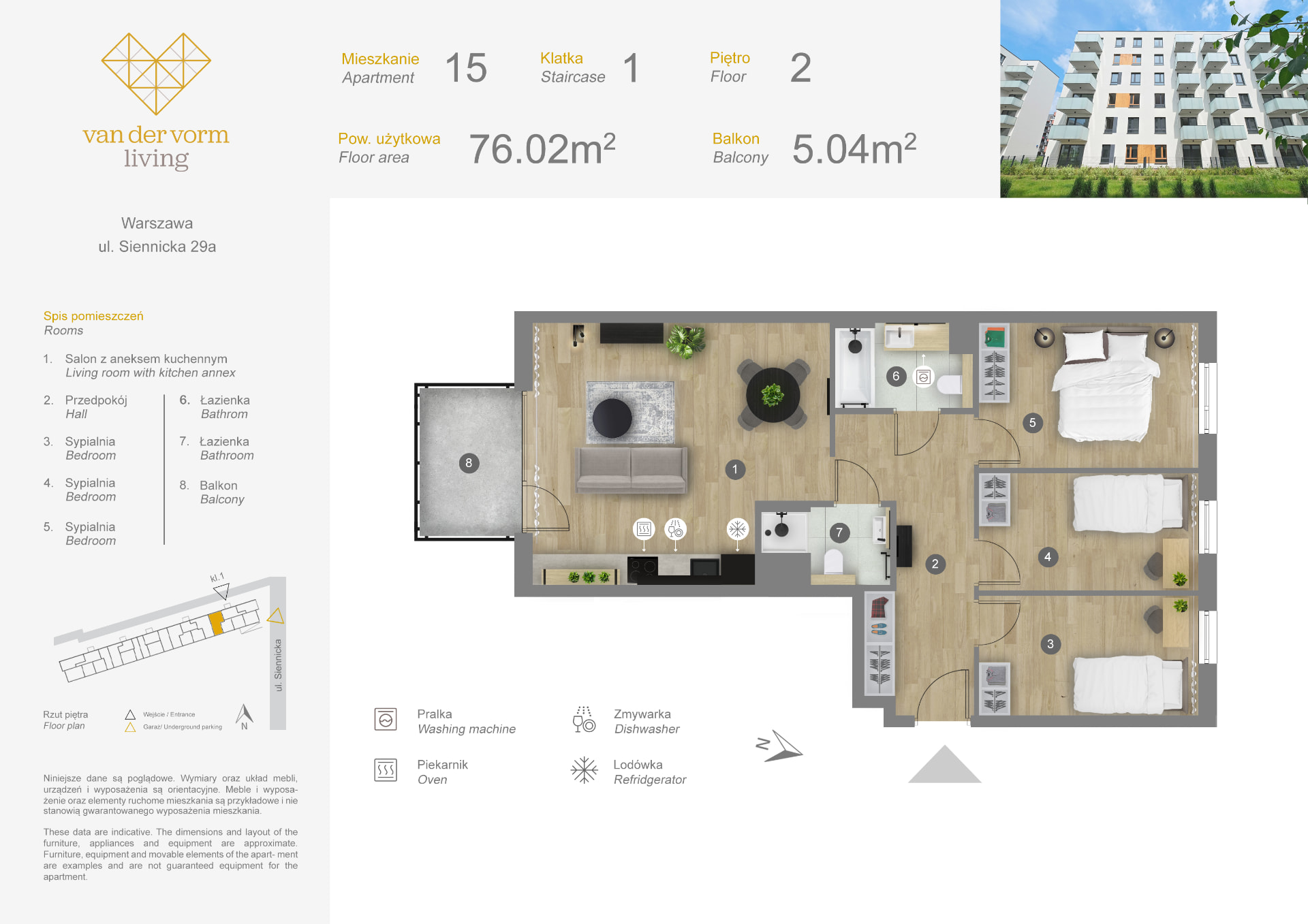 Rzut mieszkania — Mieszkanie nr 15 — 3 sypialnie, 76,02 m²