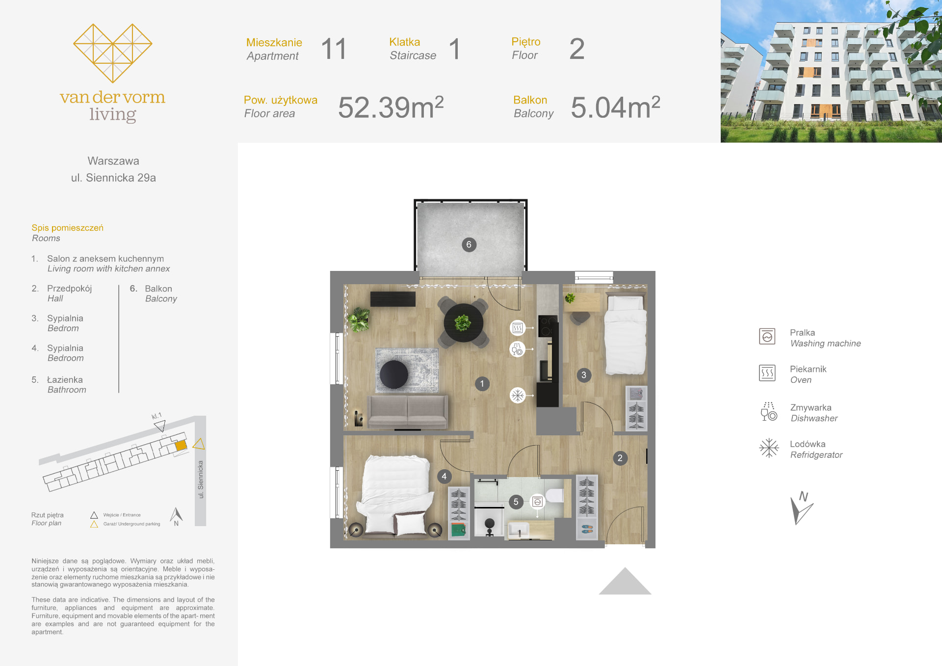 Rzut mieszkania — Mieszkanie nr 11 — 2 sypialnie, 52,39 m²