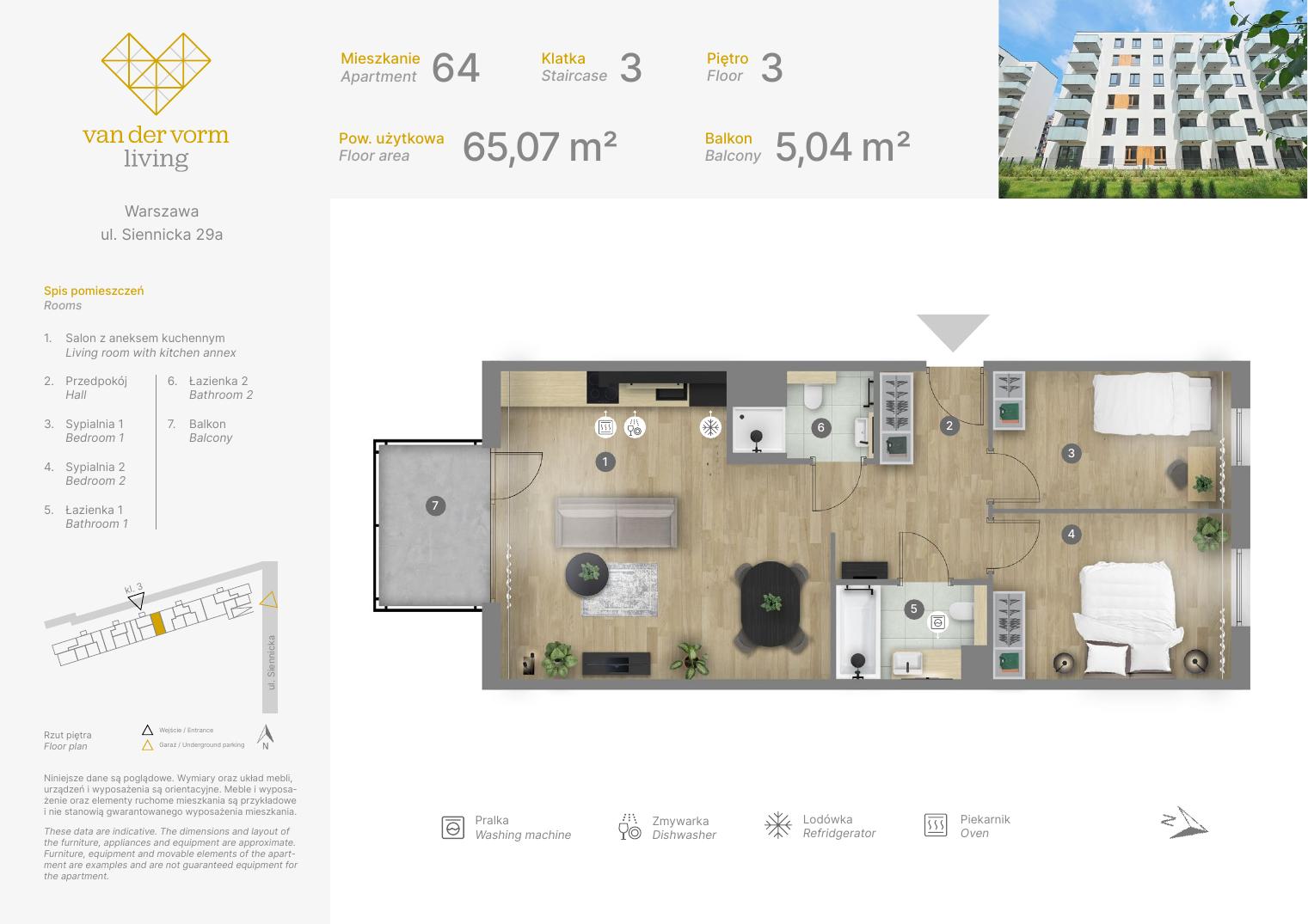 Rzut mieszkania — Mieszkanie nr 64 — 2 sypialnie, 65,07 m²